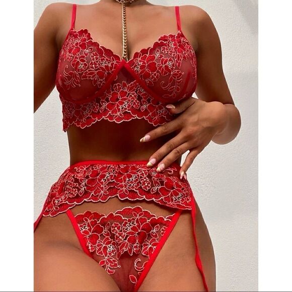 Sexy Sheer Floral Embroidered Garter Lingerie Set - Picture 2 of 6